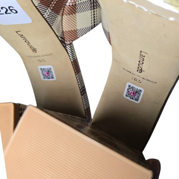 Larroude Dolly Mule Caramel Plaid Patent Leather Platform Heels Size 8.5 - Picture 9 of 9